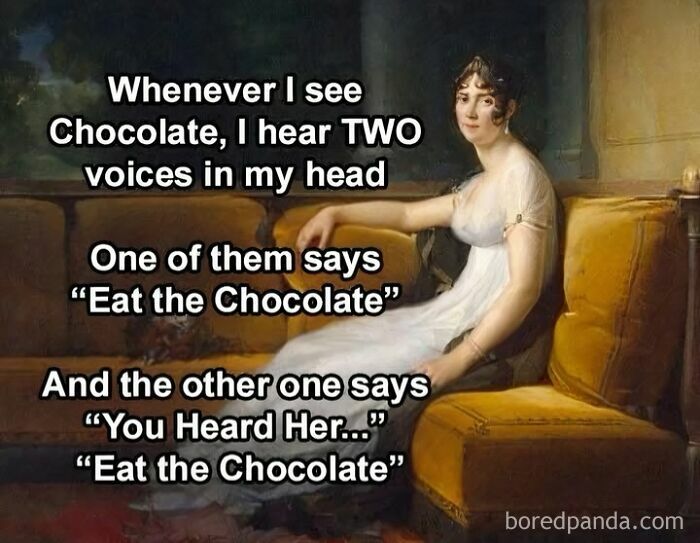 Classical art painting turned meme with modern humor about hearing two voices urging to eat chocolate.