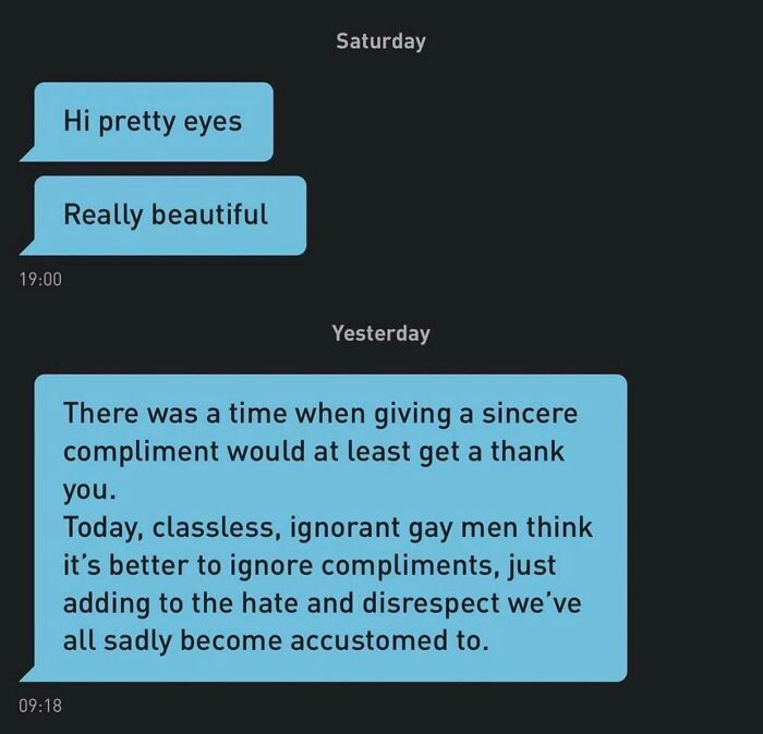 Text message conversation highlighting men's entitlement and disrespect when compliments are ignored, illustrating entitlement issues.