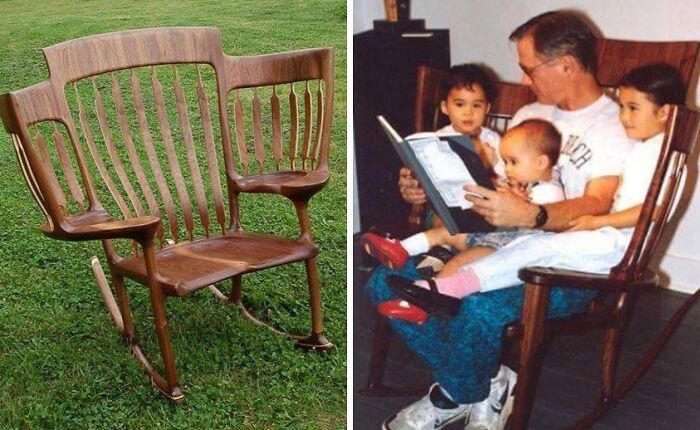 Woodworker’s unique double rocking chair carved from wood, showcasing talented woodworking skills and craftsmanship.