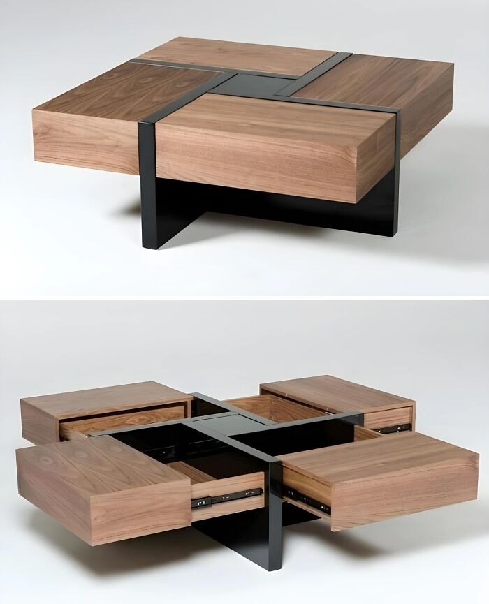 Modern wooden coffee table with smooth carving and black metal frame designed by talented woodworkers with hidden drawers.