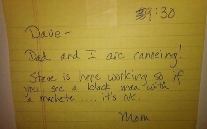 Handwritten creative and amusing note from a parent explaining a work situation to their child at home.