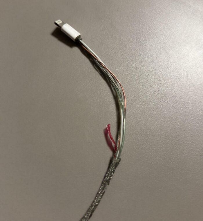 Damaged charging cable with exposed wires, illustrating selfish and careless behavior that hinders working with others.