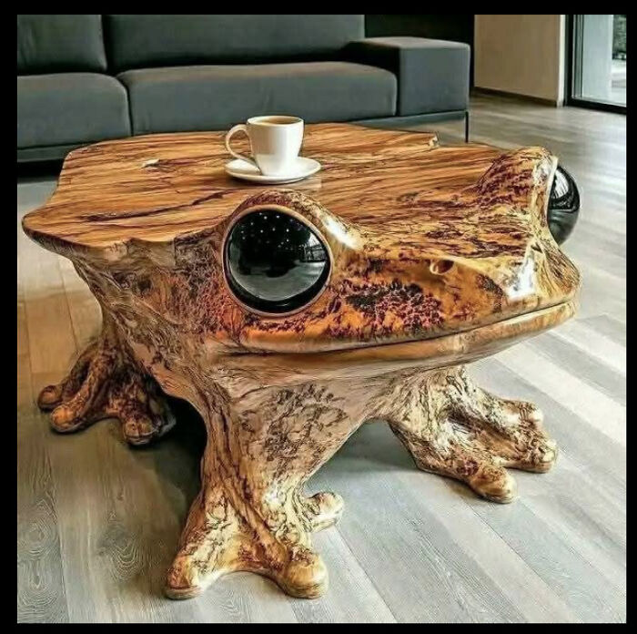 Wooden frog-shaped coffee table in living room, an example of ridiculous home decor and DIY with funny sarcastic style.