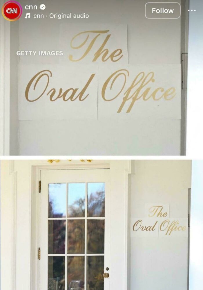 DIY home decor fails with paper signs spelling The Oval Office taped unevenly on a plain white wall near a glass door.