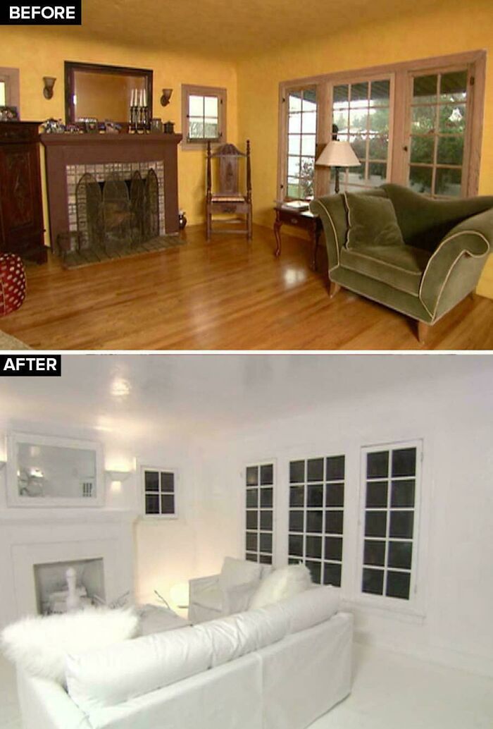 Before and after photos showing a ridiculous home decor transformation with DIY white paint covering everything in the living room.