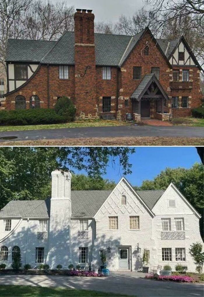 Before and after photos of a home with ridiculous home decor and DIY showing a dramatic exterior transformation.