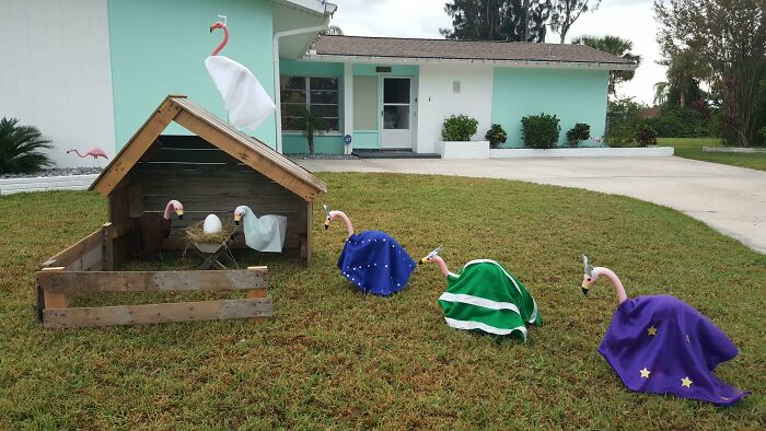 Ridiculous home decor featuring flamingo lawn ornaments dressed with fabric covers and a wooden birdhouse in front of a house.