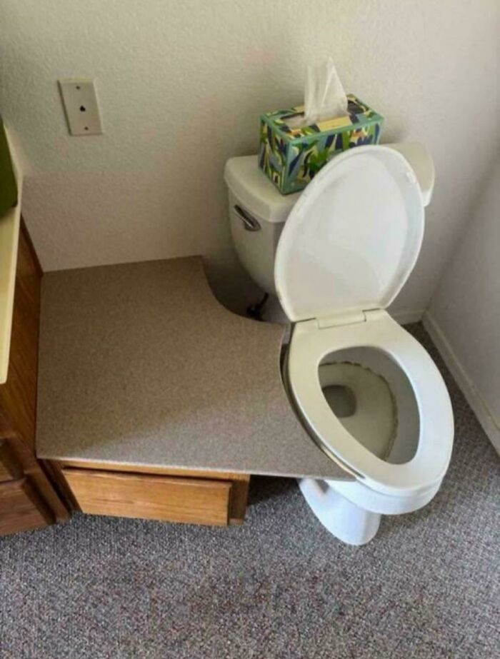 Toilet installed inside a cutout countertop showing ridiculous home decor and DIY with funny sarcastic commentary.