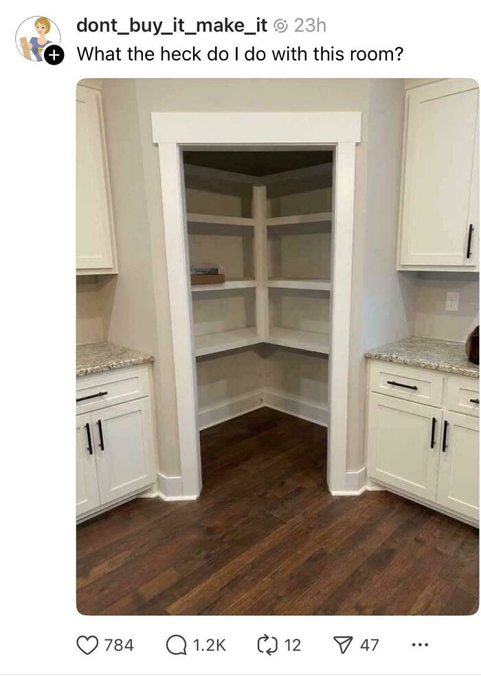 Empty corner pantry with built-in shelves in kitchen, showcasing ridiculous home decor and DIY design choices.