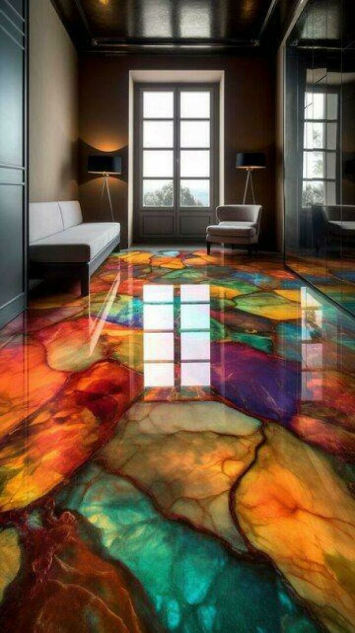 Colorful, glossy epoxy floor in a modern room with minimalist furniture showcasing ridiculous home decor style.