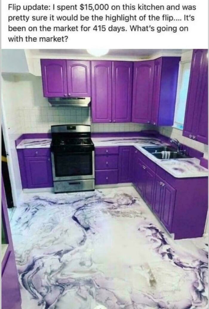 Kitchen remodel with bold purple cabinets and marbled floor, showcasing ridiculous home decor and DIY fails with sarcastic commentary.