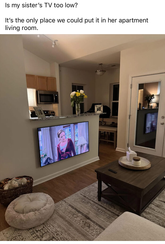 Low mounted TV in a small apartment living room showcasing ridiculous home decor and DIY with funny sarcastic commentary.