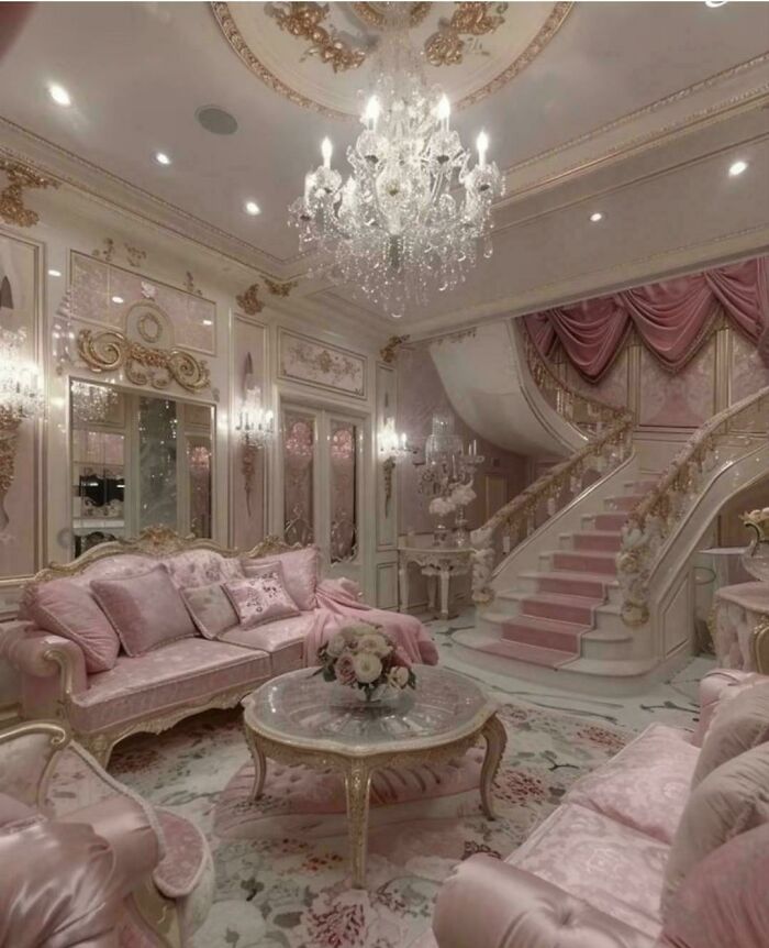 Luxurious ridiculous home decor with pink velvet furniture, ornate gold accents, crystal chandelier, and grand staircase.
