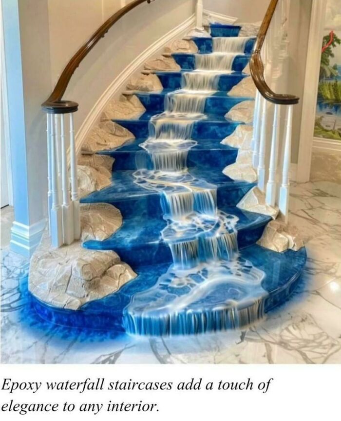 Epoxy waterfall staircase with blue water and rocks, an example of ridiculous home decor and DIY with funny commentary.