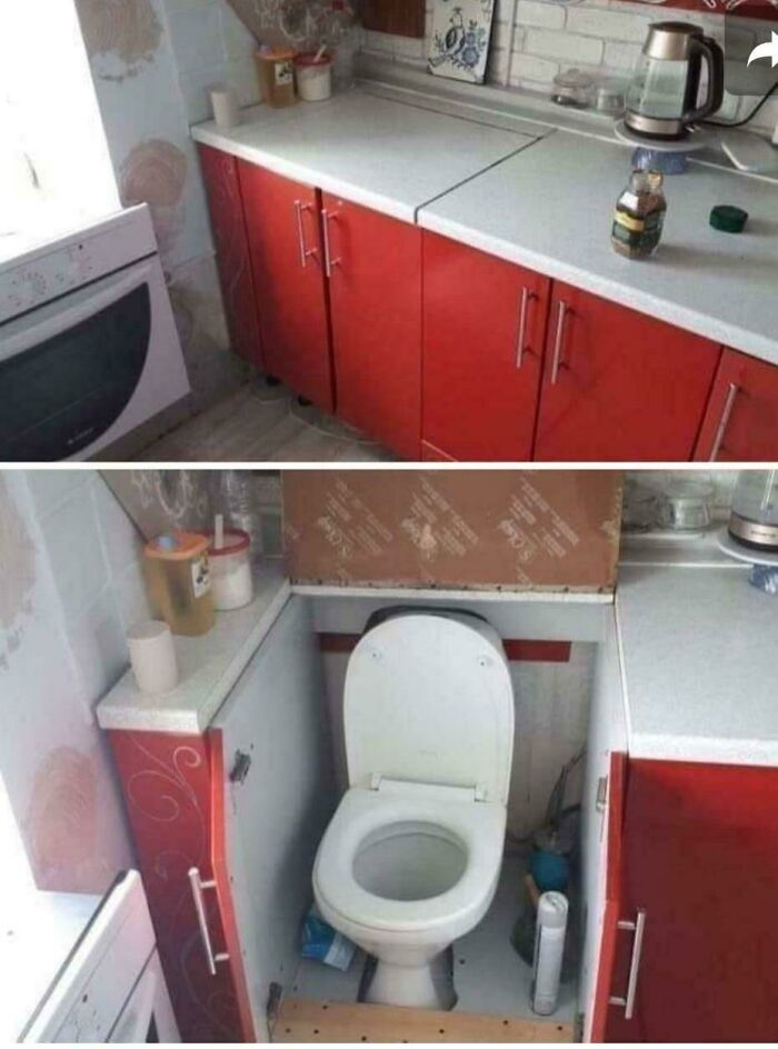 Kitchen cabinets with a hidden toilet inside, showcasing ridiculous home decor and DIY with funny sarcastic commentary.