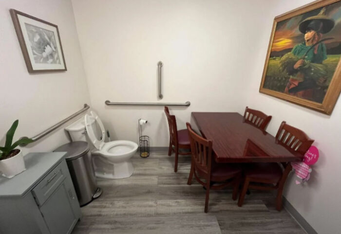 Unusual home decor featuring a dining table and chairs next to a toilet in a small room with sarcastic DIY style.