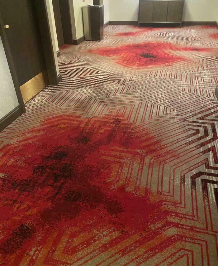 Carpet with red and black patterns in a hallway, showcasing ridiculous home decor and DIY design fails.