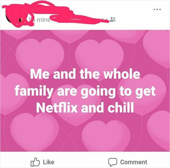 Social media post with pink heart background saying family plans to get Netflix and chill, highlighting boomers and technology fails.