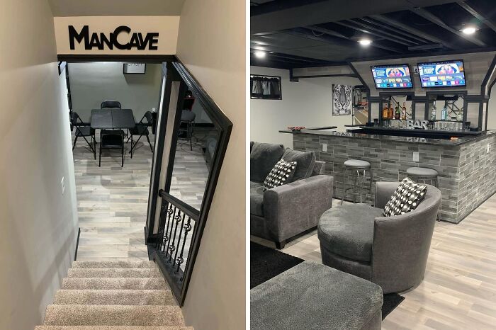 Basement man cave home decor with gray furniture, bar area, and sarcastic DIY style in modern casual setting.