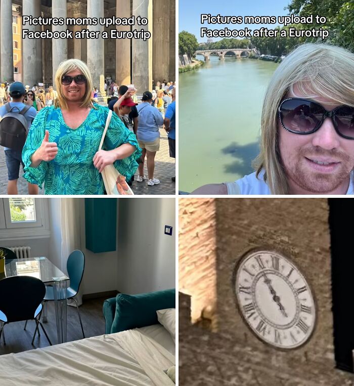 Collage of unreasonably hilarious selfies capturing the chaotic energy of a mom on social media during a Eurotrip.