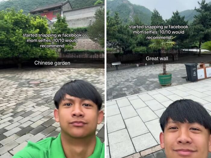 Two side-by-side selfies of a young man in green, humorously capturing chaotic energy of a mom on social media.