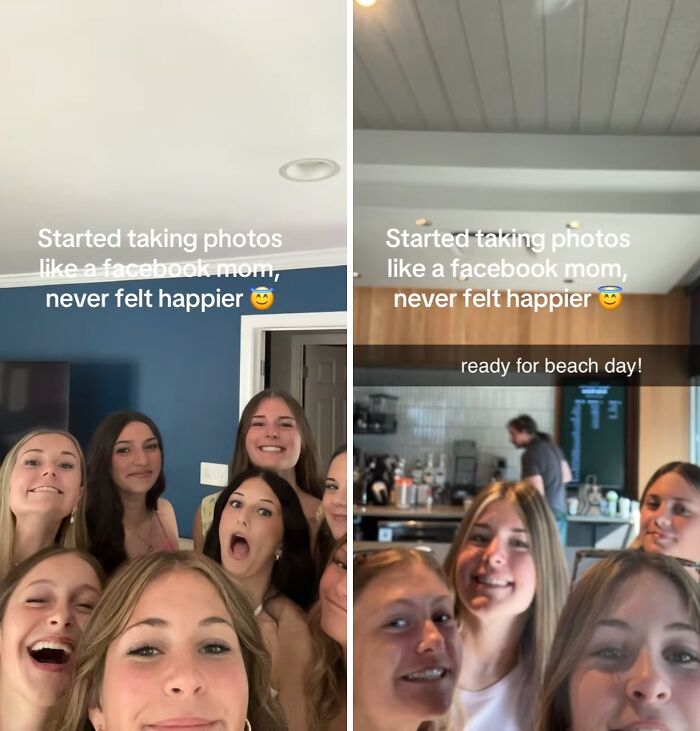Group of women taking chaotic and hilarious selfies, capturing the energetic and funny moments of a mom on social media.
