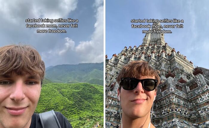Young man taking unbothered selfies in front of scenic mountain and ornate building, capturing chaotic energy of a mom selfie style.