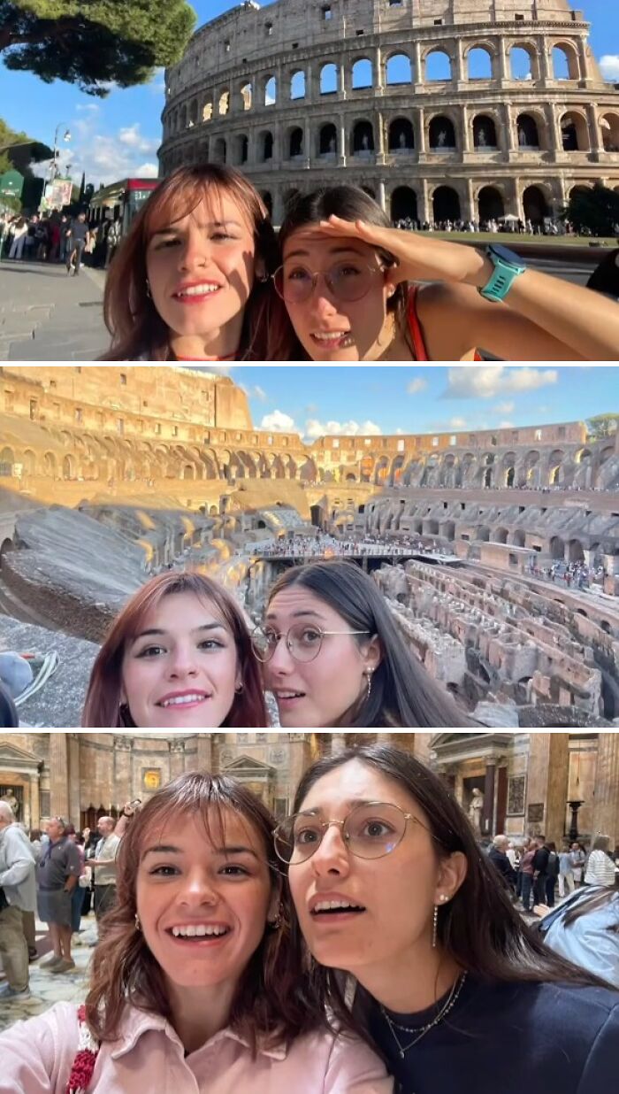 Two women taking unreasonably hilarious selfies at iconic tourist spots, capturing chaotic energy of a mom on social media.
