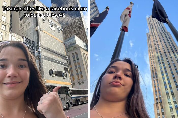 Young woman taking unreasonably hilarious selfies outdoors, capturing the chaotic energy of a mom on social media.