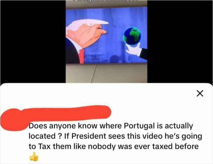 Cartoon of a man holding Earth with a comment asking where Portugal is, highlighting a major geography fail online.