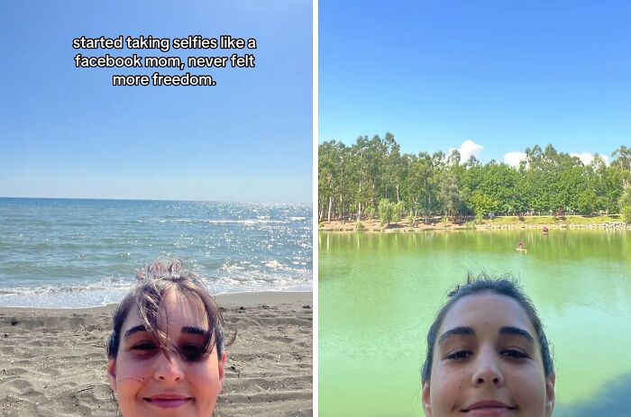 Mom taking hilarious selfies by the beach and lake, capturing the chaotic energy of a mom on social media.