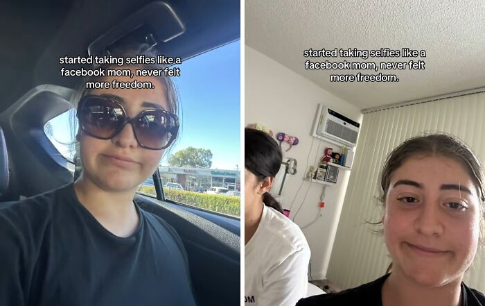 Two selfies showing a mom capturing hilarious chaotic energy in everyday moments on social media.