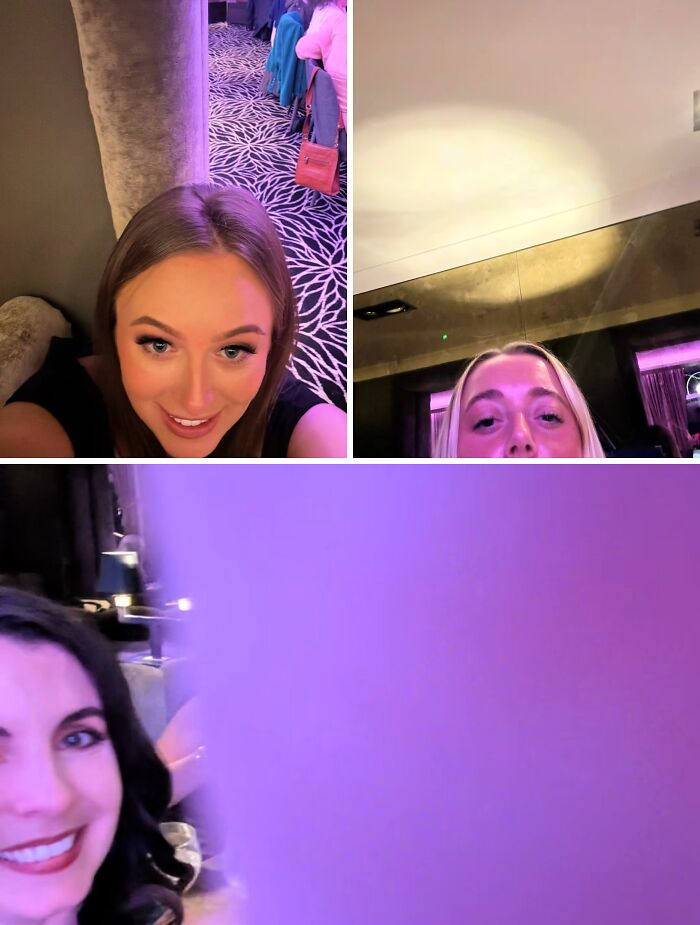 Three women taking unposed, chaotic selfies indoors, capturing the humorous chaotic energy of a mom on social media.