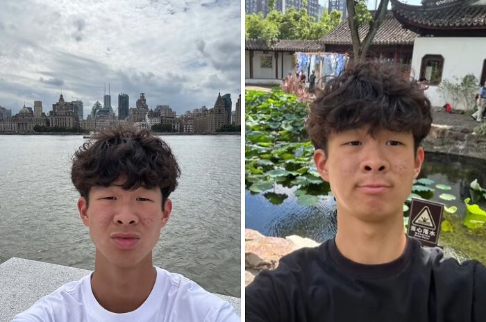 Young man taking casual selfies outdoors with cityscape and garden backgrounds showing chaotic energy on social media.