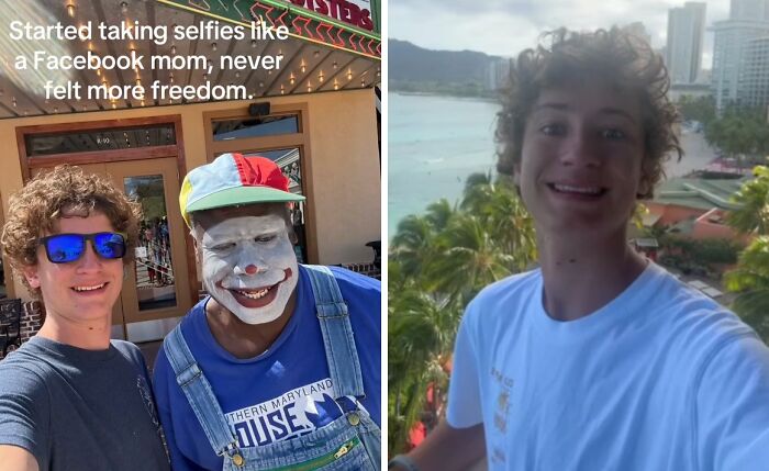 Two selfies showing chaotic energy of a mom captured by a young man, one with a clown and one at a tropical location.