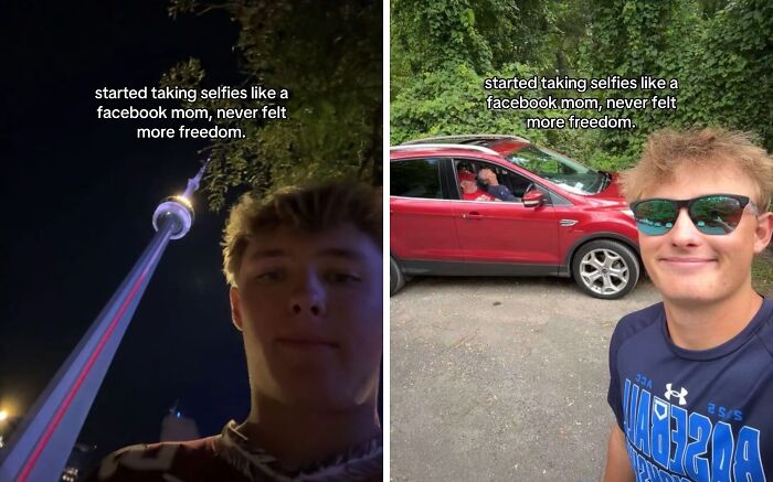 Two selfies showing a young man with captions about taking selfies like a Facebook mom, capturing chaotic energy.