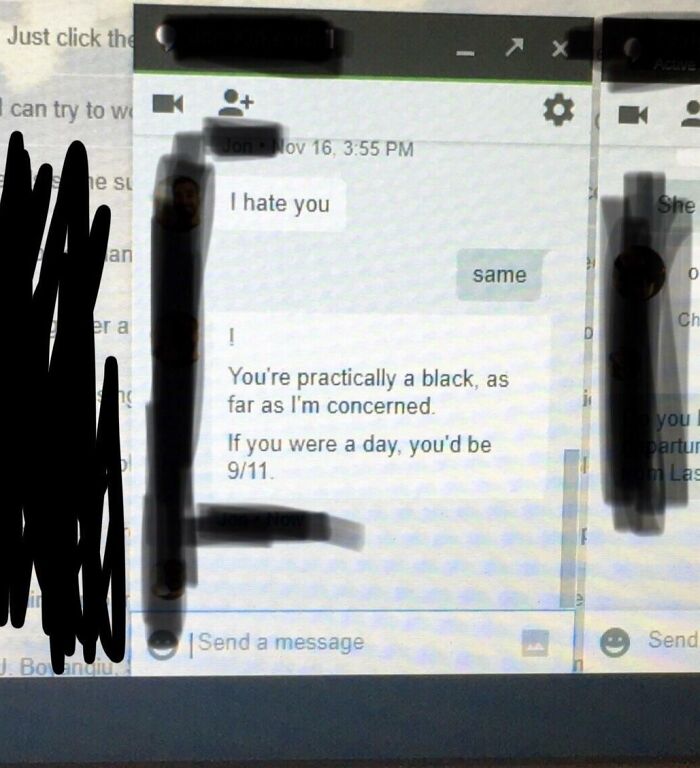 Chat conversation showing selfish and stupid behavior with offensive messages, highlighting lack of teamwork.