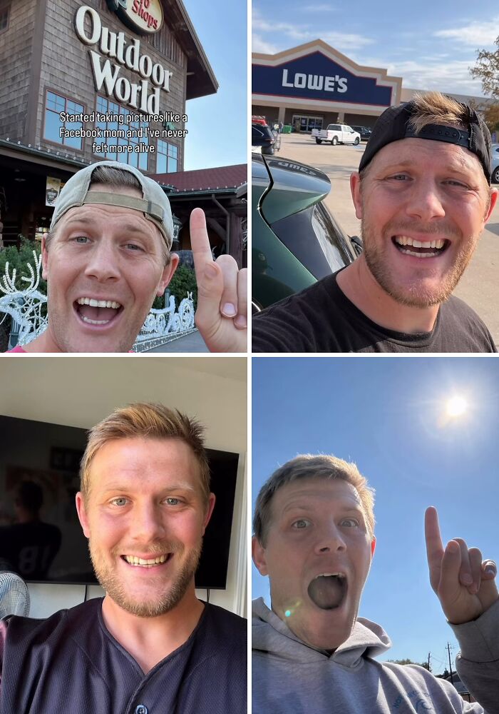 A man taking unreasonably hilarious selfies outdoors and indoors, capturing chaotic energy similar to a mom on social media.