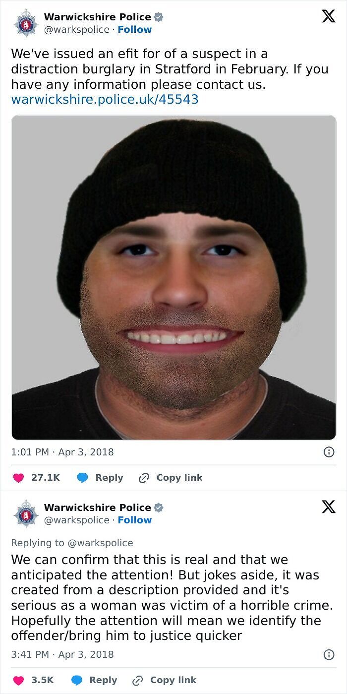 Police social media account shares a humorous efit sketch to catch a burglary suspect with serious intentions behind the post.