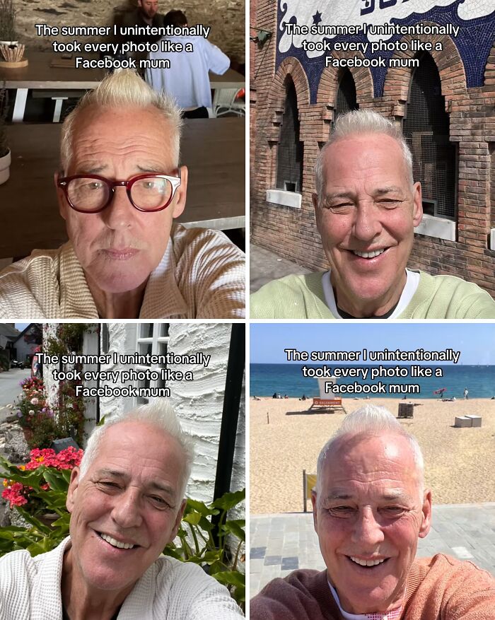 Man taking unintentional selfies with chaotic energy, capturing the humorous vibe of a mom on social media.