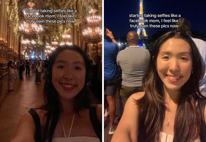 Woman taking unreasonably hilarious selfies in iconic locations, capturing the chaotic energy of a mom on social media.