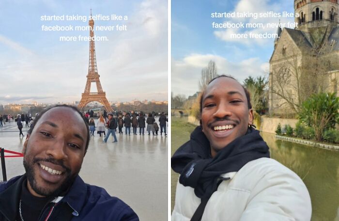 Man taking playful selfies in front of Eiffel Tower and a historic building, capturing chaotic energy of a mom on social media.
