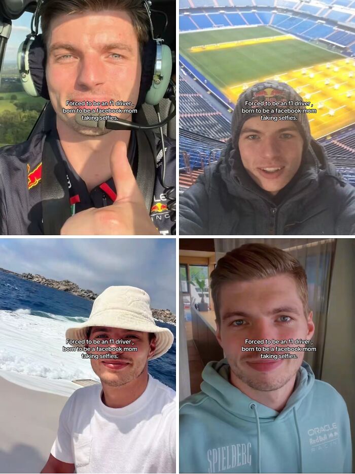 Collage of selfies humorously capturing the chaotic energy of a mom on social media in various outdoor and indoor settings.