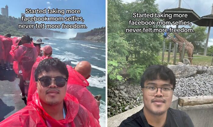 Man taking funny mom selfies outdoors near waterfalls and a giraffe, capturing chaotic energy of a mom on social media.