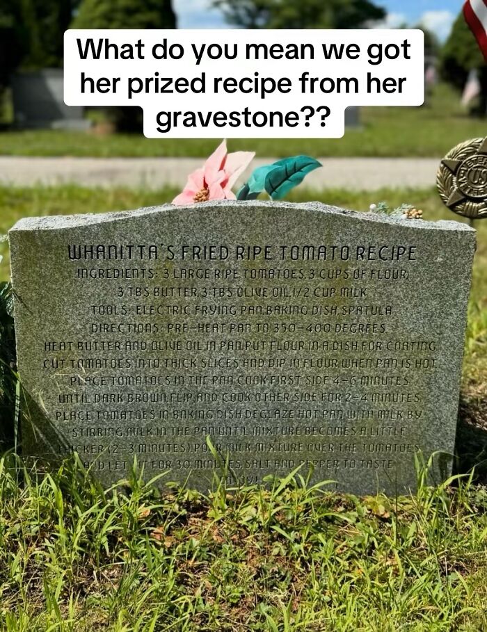 Gravestone etched with a fried ripe tomato recipe, part of a woman tracking down recipes on tombstones across the USA.
