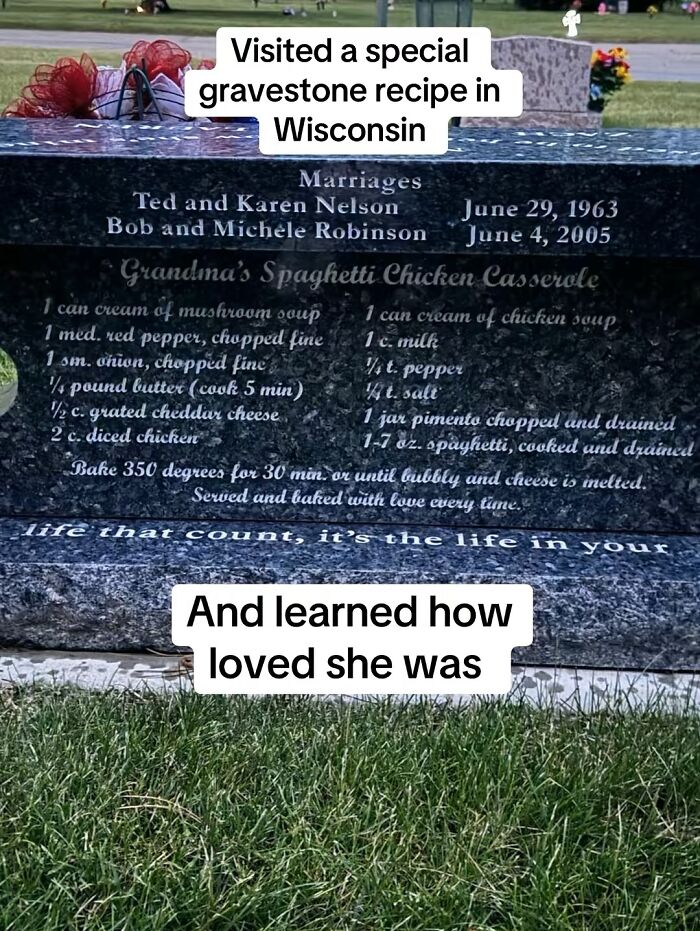Gravestone etched with a spaghetti chicken casserole recipe, showcasing unique recipes on tombstones across the USA.