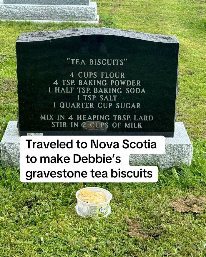 Gravestone etched with tea biscuits recipe, part of woman’s unique journey tracking recipes on tombstones across the USA.