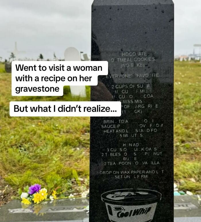 Gravestone with a recipe etched on it visited by a woman tracking down recipes on tombstones across the USA.
