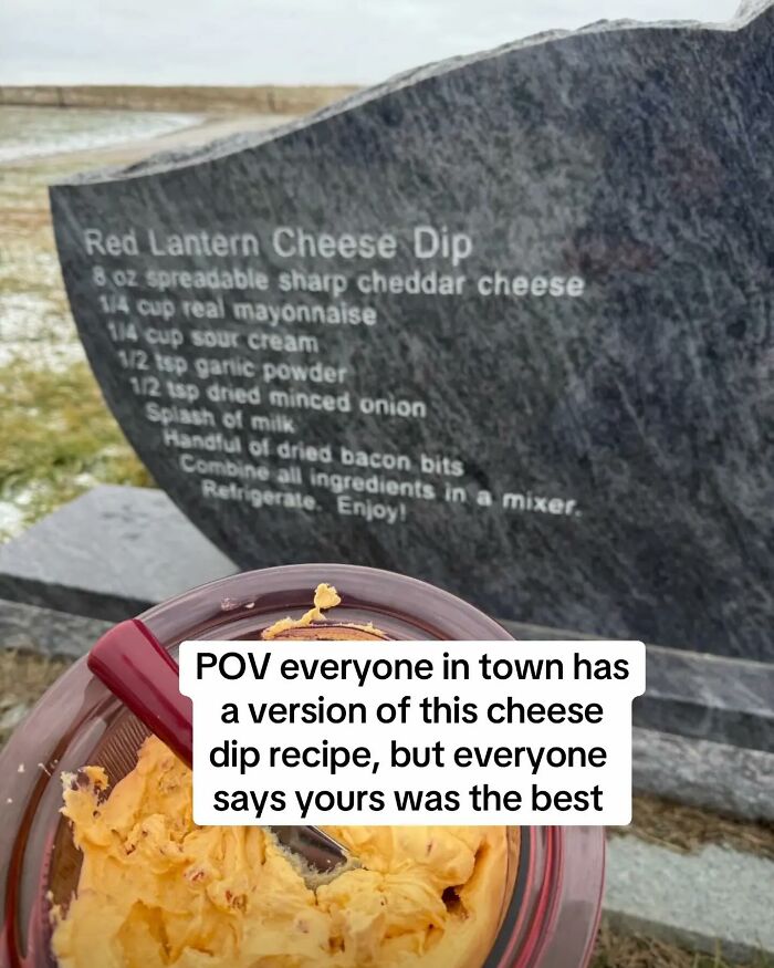 Cheese dip recipe etched on a tombstone as part of woman tracking down recipes across the USA.
