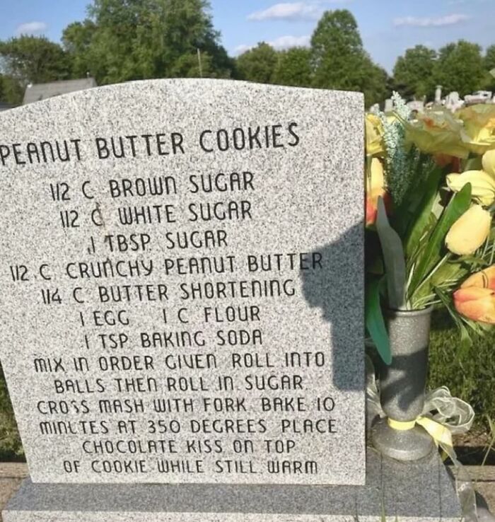 Tombstone etched with a peanut butter cookie recipe, part of woman’s recipe tracking on tombstones across the USA.